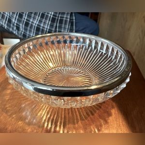 Vintage Heavy Clear Depression Glass Bowl with Silver Trim 8.5"W
